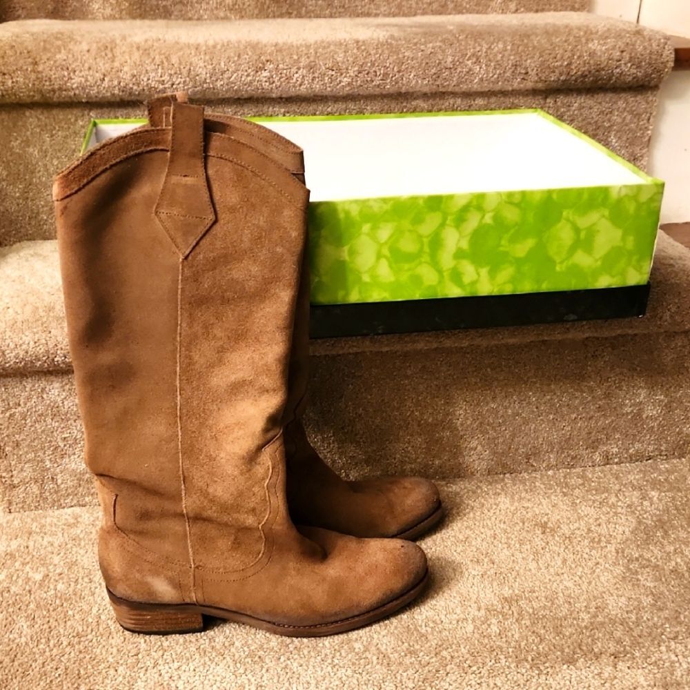 Sam Edelman "Lara" Taupe Brown Suede Tall Flat Western Boots Size 9.5